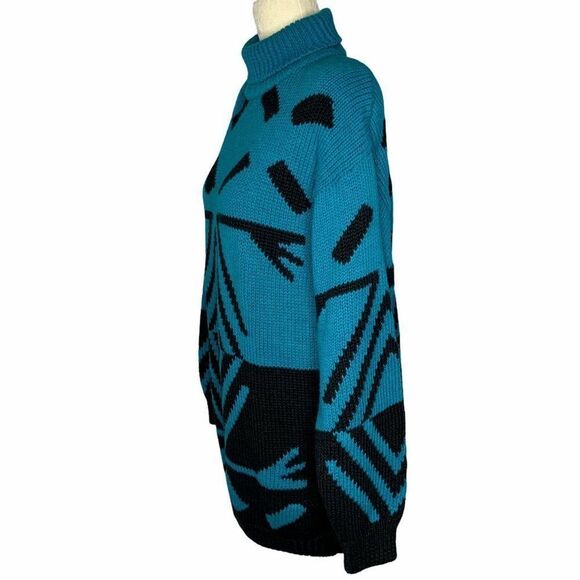 Vintage Mock Neck Chunky Knit Sweater S Blue Black - Picture 4 of 7